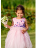 Cute Handmade Flowers Pink Satin Tulle Ruffled Flower Girl Dress